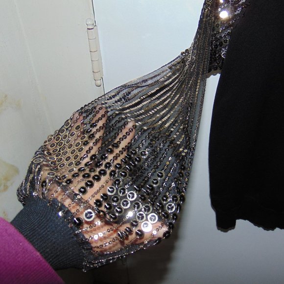 Catherine Malandrino Black Pullover Knit Sweater Blouse Sequin Sheer Sleeves M - Picture 5 of 7